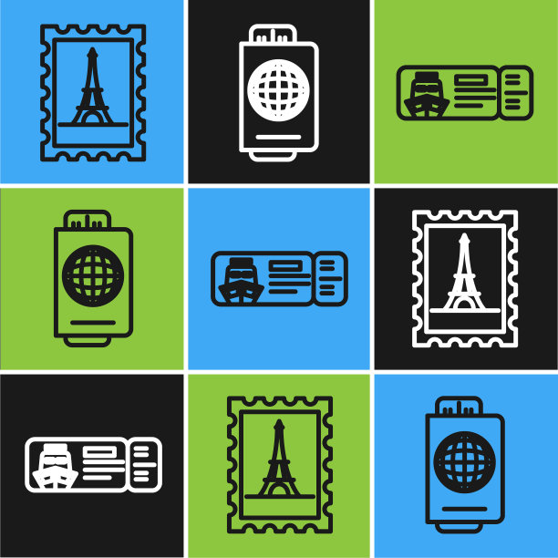 邮票、埃菲尔铁塔、邮轮船票、带船票图标的护照。向量图片下载