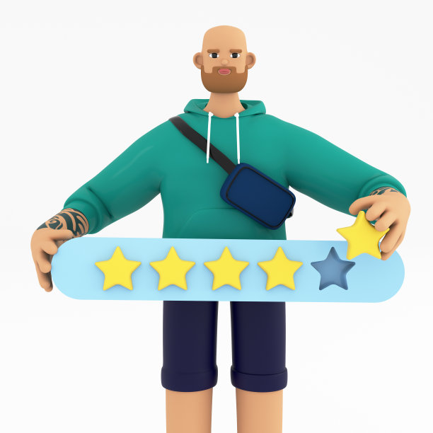 年轻人拿着ui条，给五星反馈。调查或客户评审概念。白色背景上的3D渲染插图图片下载