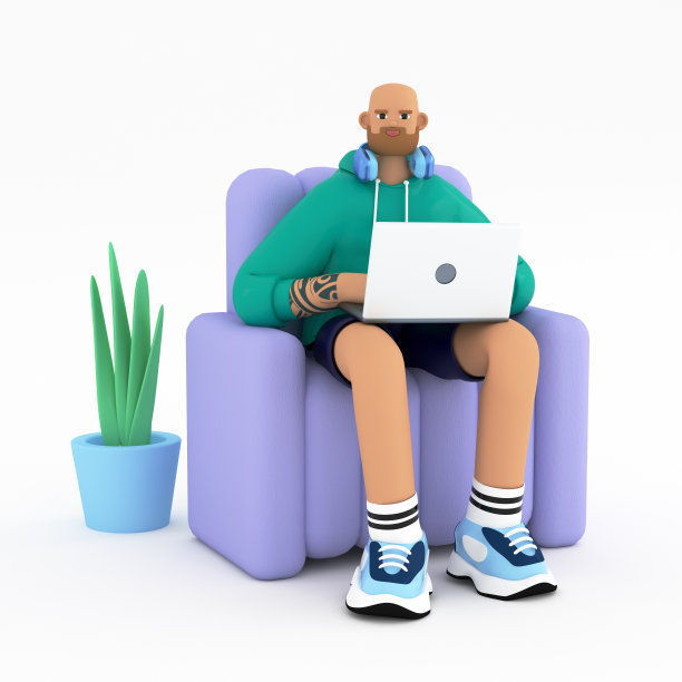 有创意的人坐在家里用笔记本电脑工作的3D插图。在线教育，远程工作，市场营销，博客和社交媒体概念。渲染图像在白色背景。图片下载