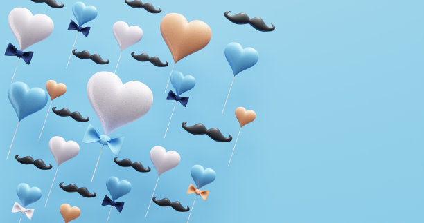 父亲节，生日。印有飞行心形胡子的横幅。三维渲染图片下载