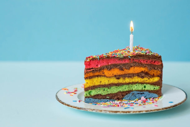 彩虹生日蛋糕装饰着喜庆的蜡烛和五彩纸屑。糖果。蓝色背景上彩虹的彩色甜点。图片下载