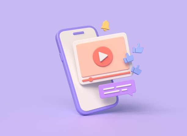3d手机和视频播放器，评论，卡通风格的大拇指。社交网络中的在线广播。monitization内容。紫色背景的插图。三维渲染图片下载