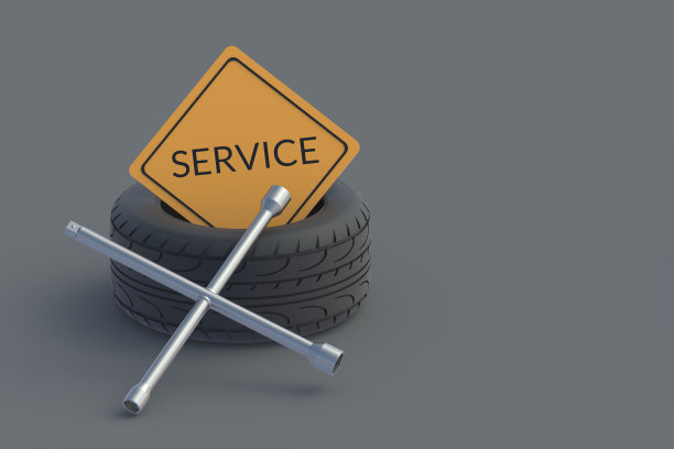 道路标志铭文服务附近的十字轮扳手和轮胎。汽车服务。安装汽车轮胎。汽车轮胎配件。副本的空间。三维渲染图片下载