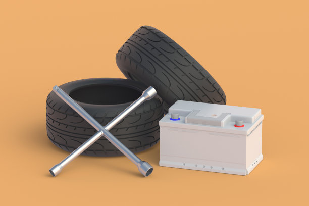 车轮扳手，轮胎和电池。汽车服务。汽车零部件。三维渲染图片下载