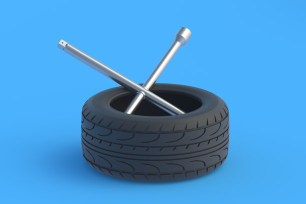 十字轮扳手和轮胎。汽车服务。安装汽车轮胎。汽车轮胎配件。三维渲染图片下载