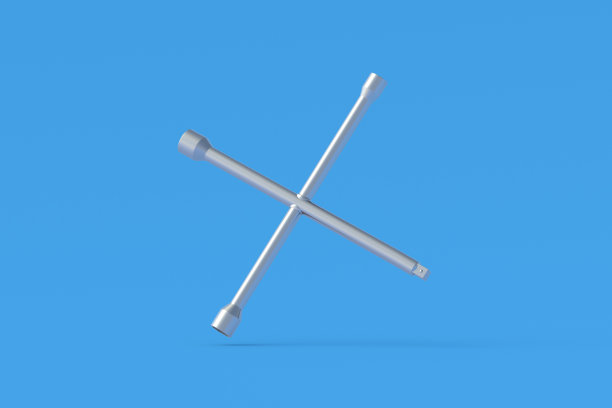 落在蓝色背景的十字轮扳手。汽车仪表。汽车轮胎配件。三维渲染图片下载