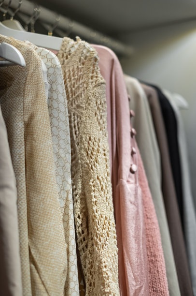 女人的衣服挂在衣柜的架子上。衣架上的衣服在现代商店精品店图片下载