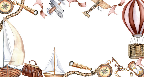 帆船和飞机的框架老式风格水彩插图孤立在白色。船，船，气球，望远镜，手画的包。幼稚的设计，男孩印花元素，冒险系列图片下载
