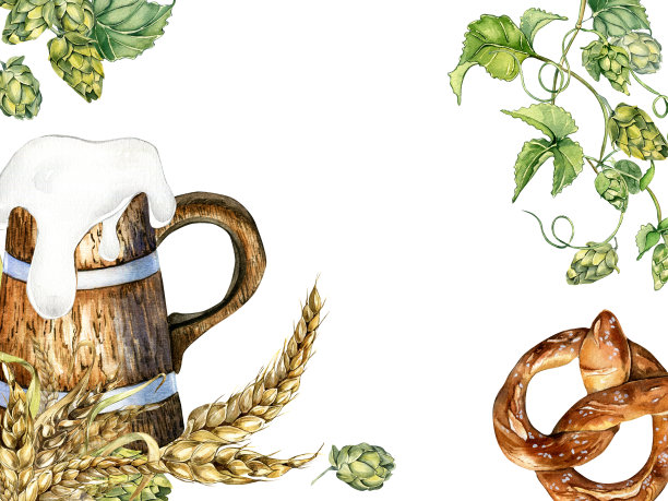 木架品脱啤酒，椒盐卷饼，黑麦束水彩插图孤立在白色。图片下载