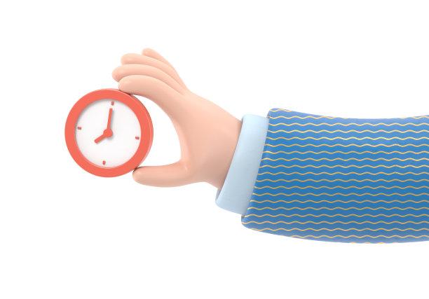 卡通手势图标模型。带秒表的卡通手。白色背景上的3D渲染。图片下载