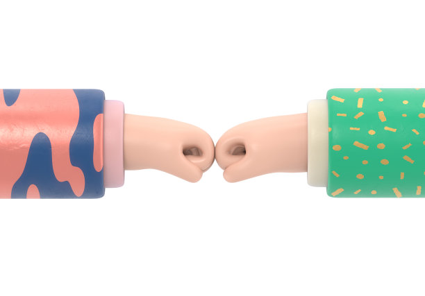 卡通手势图标模型。两只拳头在争执中紧握。商人的不同意见。商业冲突象形图，辩论，白底3D渲染。图片下载