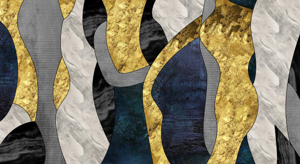 家庭墙壁装饰的3d插图。抽象现代极简主义墙纸壁画艺术。金色、黑色、米色、黑色、蓝色以及带有黑线的形状。图片下载