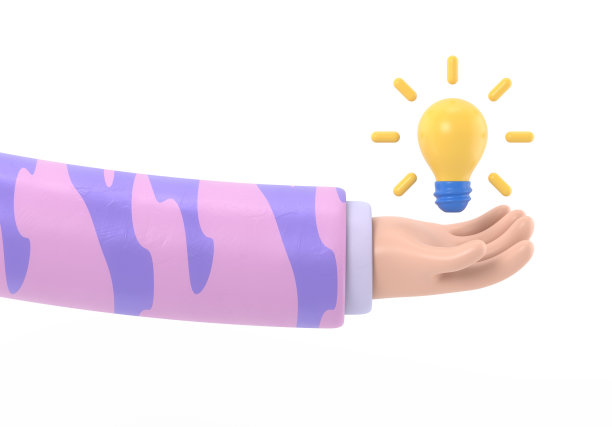 卡通手势图标模型。3d图标手握灯泡手势。卡通大创意概念，白底3D渲染。图片下载