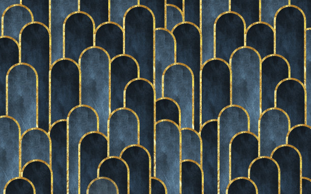 现代墙壁装饰壁纸。3d抽象，金色线条，深蓝色和黑色形状。图片下载