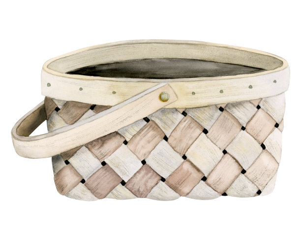 米色柳条篮水彩插图孤立在白色背景。手工绘制的篮子与处理剪纸园艺装饰设计，春天卡，野餐设计图片下载