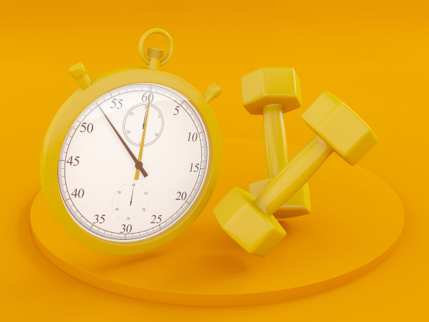 极简健身有氧概念与黄色天文钟和哑铃图片下载