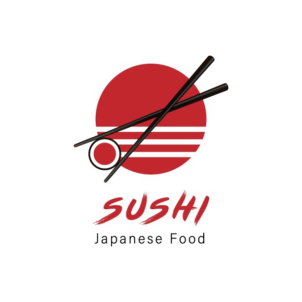 矢量图标风格的亚洲街头快餐酒吧或商店的插图标志，寿司，真木，饭团鲑鱼卷与筷子，孤立的极简主义对象图片下载