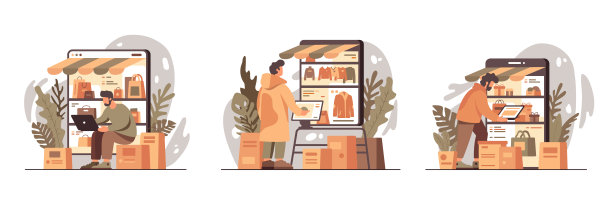 一组不同的卡通人物用智能手机在网上购物图片下载