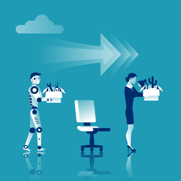 人工智能机器人取代了女性的工作。平面向量。图片下载