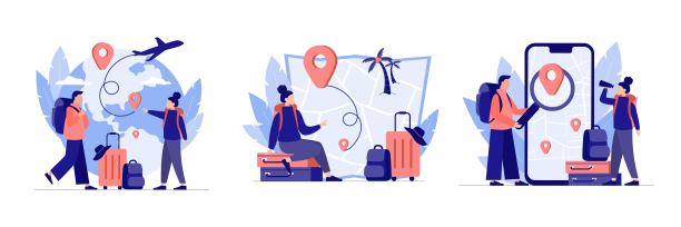 一套彩色卡通人物准备出国旅行图片下载