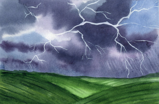 水彩画田野景观。乌云密布，闪电密布。雷雨。水平手绘插图。图片下载