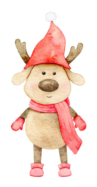 可爱的圣诞鹿在一个孤立的白色背景，水彩插图，可爱的林地动物与围巾，帽子和手套图片下载