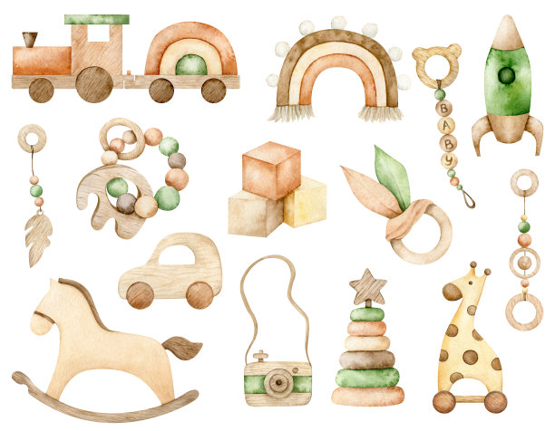 水彩婴儿木制玩具。儿童摇马，彩虹，汽车，火车，火箭，立方体，出牙玩具，金字塔，相机图片下载