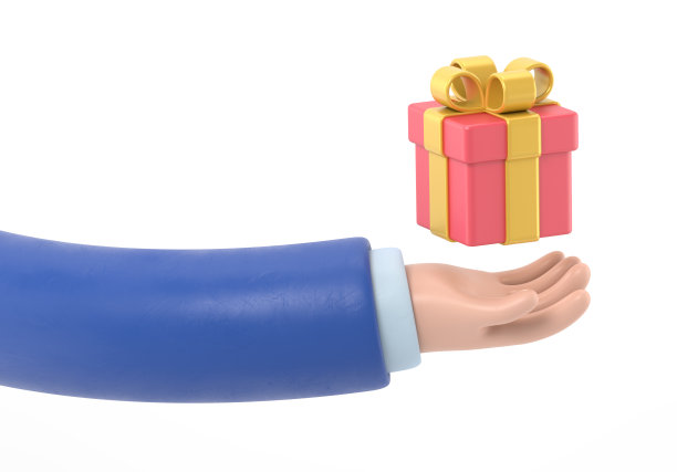 卡通手势图标模型。3d图标礼物在手。卡通手臂拿着3D渲染的白色背景。图片下载