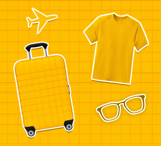 黄色背景上的旅行必需品、旅行包、眼镜、飞机、T恤图片下载