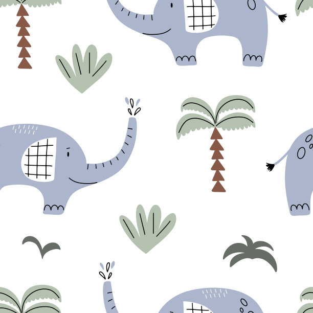 无缝图案，可爱的大象和非洲自然元素。矢量插图为您的设计图片下载
