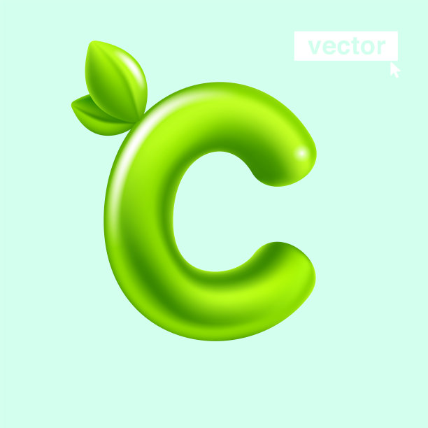 字母C绿色树叶生态标志。3D现实和卡通气球风格。光滑的矢量插图。图片下载