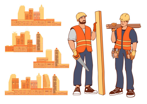 建筑工人们撑着木板。木匠修理工和城市建筑集。向量。图片下载