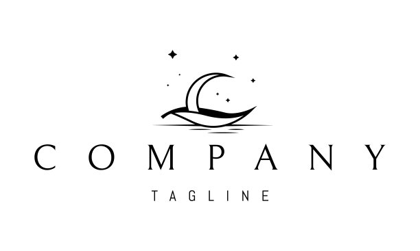 矢量标志上的一个抽象形象的月亮漂浮在一艘船在叶子的形式。图片下载