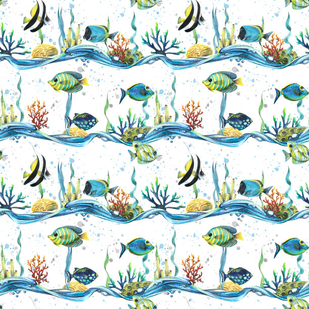 带有海浪、珊瑚、藻类和气泡的热带鱼，水彩插图，无缝图案，适用于织物、纺织品、印花、墙纸、儿童房和服装、沙滩配饰图片下载