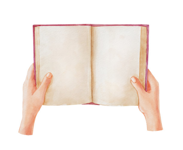 女性手中的绿色开卷书。供阅读和研究的手绘文献。水彩插图孤立在白色。图片下载