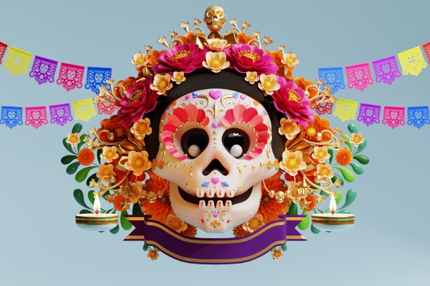 亡灵节的3D渲染，Dia de muertos祭坛的概念。可爱的糖头骨，白色蜡烛，万寿菊花的死亡。三维演示图片下载