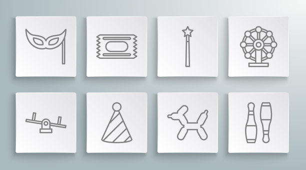 集线跷跷板，马戏团票，派对帽子，气球狗，保龄球瓶，魔术棒，摩天轮和节日面具图标。向量图片下载