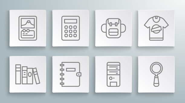 集行书，计算器，螺旋笔记本，电脑，放大镜，学校背包，t恤和纸牌游戏图标。向量图片下载