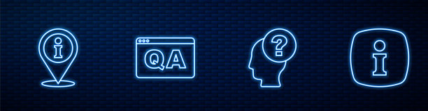 设置行头与问号，位置信息，问题和答案和信息。砖墙上发光的霓虹灯图标。向量图片下载