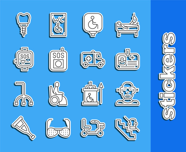 设置线残疾人电梯，聋人，识别卡，轮椅，按下SOS按钮，智能手表，种植牙和紧急车图标。向量图片下载