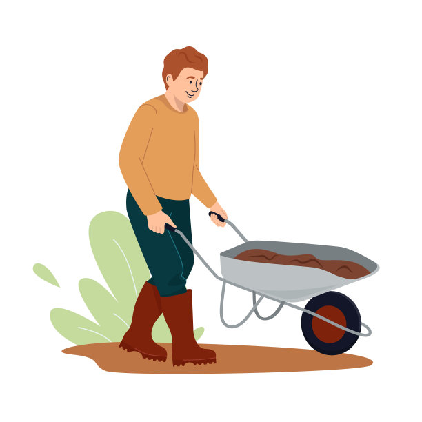 可爱的男孩推着手推车与地面。小孩开着花园车。春天在菜园里干活。彩色平面矢量插图孤立在白色背景上图片下载