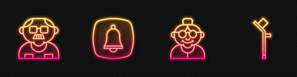 设置线路奶奶，爷爷，紧急电话和拐杖或拐杖。发光的霓虹灯图标。向量图片下载