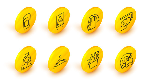 集线洗碗，盆与肥皂泡沫，衣架衣柜，清洁女工服务，卫生纸卷，湿地板和桶抹布图标。向量图片下载