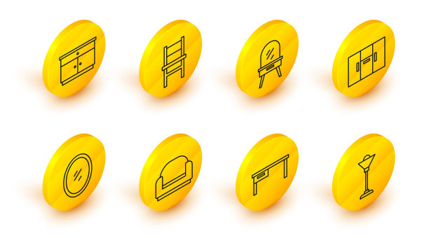 设置线落地灯，办公桌，扶手椅，镜子，衣柜，梳妆台，椅子和家具床头柜图标。向量图片下载