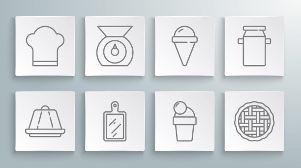 集生产线布丁奶冻，鳞片，砧板，冰淇淋，自制派，华夫蛋筒，罐头容器牛奶和厨师帽子图标。向量图片下载