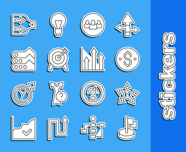 设置线旗，多种方向箭头，美元符号，项目团队基地，目标，图形，图表，图表，箭头和饼信息图形图标。向量图片下载