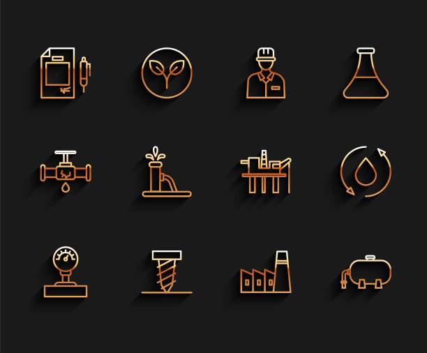 设线尺刻度，旋转钻挖孔，合同钱笔，石油工业厂房，水泵千斤顶，落锤和平台海上图标。向量图片下载