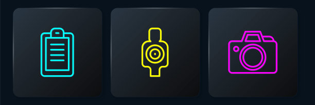 设置线警察报告，相机和人体目标运动射击。黑色方形按钮。向量图片下载