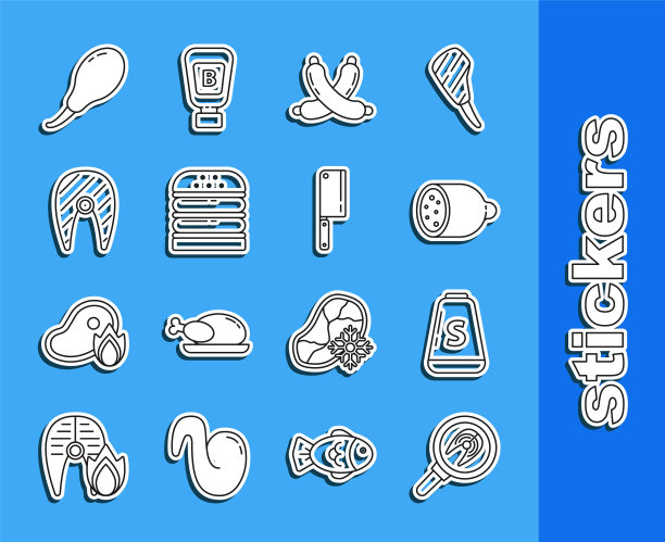 设置线鱼排在煎锅，盐，腊肠香肠，交叉，汉堡，鸡腿和肉直升机图标。向量图片下载