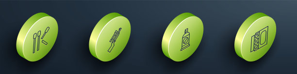 设置等距线火柴，狙击步枪与瞄准镜，喷雾对抗昆虫和火柴盒和火柴图标。向量图片下载